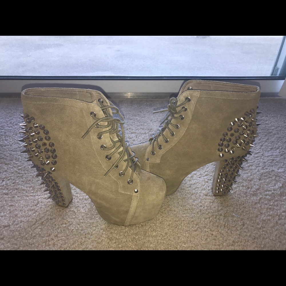 Jeffrey Campbell Tan Suede Lace-Up Platform Boot with Silver Spikes - Picture 2 of 4